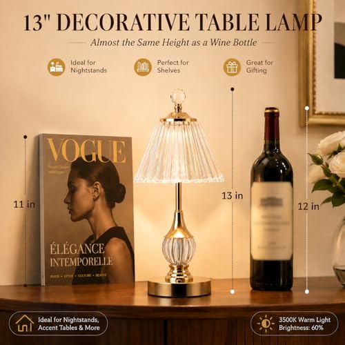 Gold Crystal Battery Operated Rechargeable Lamp Cordless, Pleated - color: Gold-Pleated