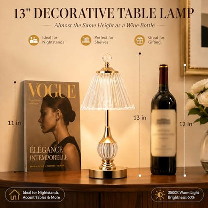 Gold Crystal Battery Operated Rechargeable Lamp Cordless, Pleated - color: Gold-Pleated