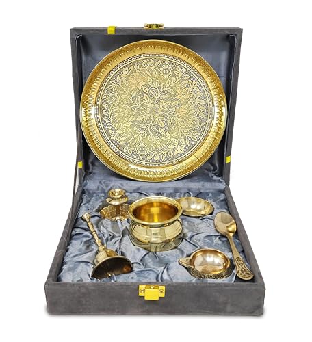 NOBILITY Brass Pooja Thali Set with Grey Gift Box 6 Inch Pital Plate Kalash Spoon Chandan Wati Dhup Dan Kuber Diya Ghanti Puja Arti Thali for Diwali Home Office Mandir Wedding Return Gifts - color: Puja Set With Grey Box