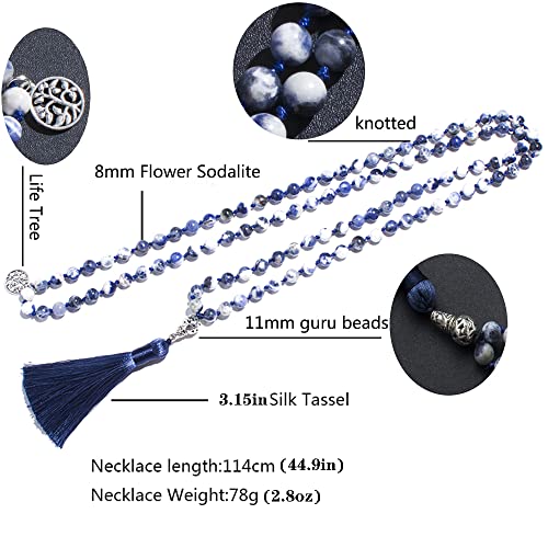 108 Mala Prayer Beads Necklace Natural Stones Meditation Yoga Jewery 108 Hand Knotted Japa Mala Beaded Long Tassel Necklace with Tree of Life Pendant for Men and Women - color: 8mm Flower Sodalite