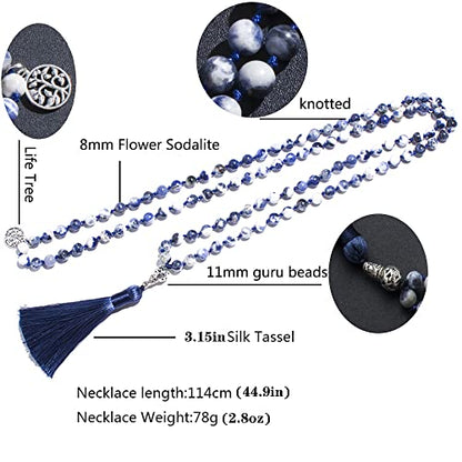 108 Mala Prayer Beads Necklace Natural Stones Meditation Yoga Jewery 108 Hand Knotted Japa Mala Beaded Long Tassel Necklace with Tree of Life Pendant for Men and Women - color: 8mm Flower Sodalite