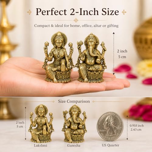 BEXCO Brass Statues, Lakshmi and Ganesha Figurines Set Height 2" inches (Approx.) Each, Lord Ganesha and Goddess Laxmi Pair for Daily and Diwali Pooja - size: 2 inch A