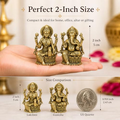 BEXCO Brass Statues, Lakshmi and Ganesha Figurines Set Height 2" inches (Approx.) Each, Lord Ganesha and Goddess Laxmi Pair for Daily and Diwali Pooja - size: 2 inch A