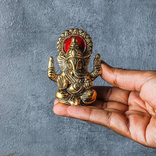 Desi Favors Brass Plated Ganesha Idol | Natural Gold Mini Hindu Lord Ganesha Figurine for Car Dashboard, Temple Home Decor, Diwali Pooja Gifts | Indian God Mandir Gift, 2.5x3 Inch (Pack of 1) - style: Brass Plated Ganesha Idol