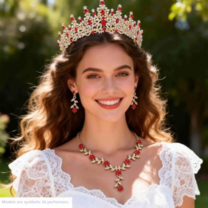 Kamirola Tiaras and Crowns for Women,Tiaras Earrings Necklace, Crystal Bridal Jewelry Set (TR48) - color: Gold Red