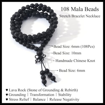 108 Mala Beads Stretch Bracelet 6mm Natural Gemstone Prayer Beaded Necklace - color: Black Lava