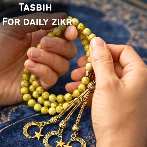 Amazing Gemstone Crystal Tasbeeh with Moon and Star Charm - Certified Crystal Muslim Prayer Beads Natural Gemstone Tasbih Gift for Ramadan Dhikr and Daily Namaz (G) - color: Serpentine