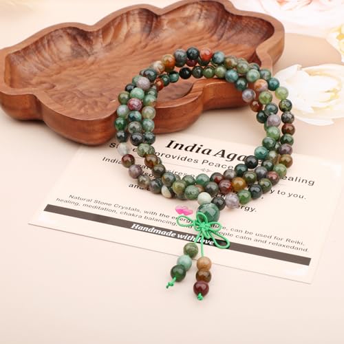 AD Beads 6mm 8mm 108 Prayer Mala Jasper Elastic Bracelet - Handmade Yoga Meditation Healing Power Energy Gifts for Unisex Adult. - color: India Agate(Peaceful)
