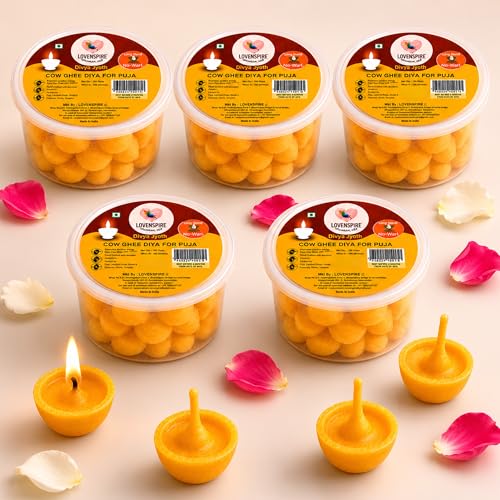 LOVENSPIRE Pure Cow Ghee Wicks for Pooja Diya (150 Pcs) Wax-Free Desi Ghee Batti, Up to 35 Min Long Burning, Ready-to-Use Cotton Jyot for Home Mandir, Indian Puja Rituals, Diwali Decor & Return Gifts - size: 150 Pcs
