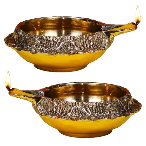 Fine Living Kuber Brass Diyas for Pooja Set of 2, 2.75Inch, Gold Finish - style: Kuber Diya Set of 2
