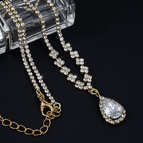 CIEHER 4/5 Pieces Women Jewelry Set - Rhinestone Crown + Drop Necklace + Elegant Bangle Bracelet + Crystal Teardrop Dangle Earrings for Bridal Wedding Party - color: Gold