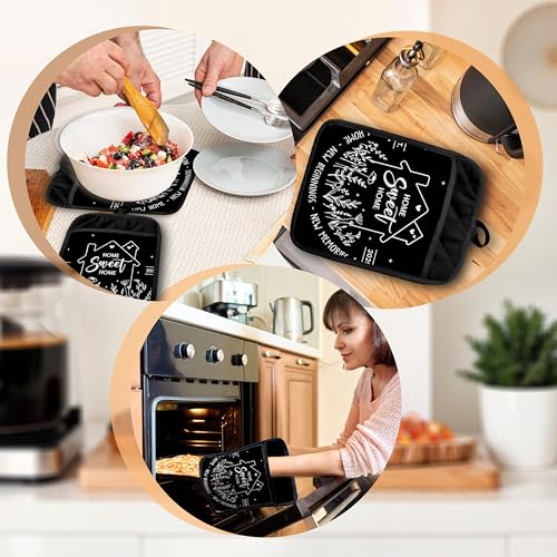 Housewarming Gifts Pot Holders with Pockets, House Warming Gifts Ideas, Home Sweet Home Oven Pot Holders Heat Resistant Oven Mitts Hot Pads for Kitchen Baking Cooking - color: Black Sweet Home-a