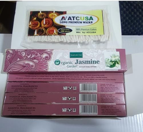100 ATCUSA Pure Cotton Diya Wicks with Combo of Nandita Organic Garden Jasmine Premium Indian Masala Incense Sticks 15gm x 12 Pack for Prayer Temple Church Christmas