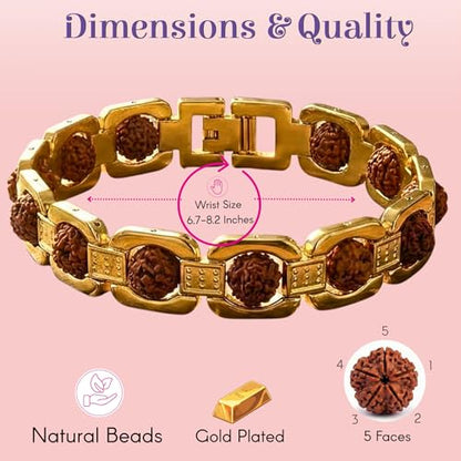LOVENSPIRE Gold-plated 5 Face Original rudraksha beads Bracelet for Men – Panchmukhi Spiritual Wrist jewelry for Meditation & positive Energy - color: Gold Sleek