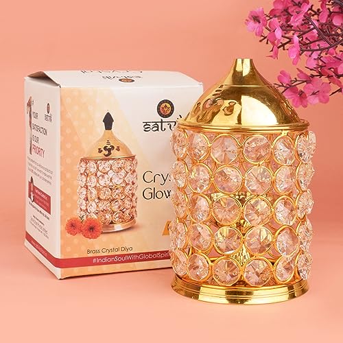 Satvik 7 Inch Crystal Glow Akhand Diya Diwali Gift/Diwali Deepawali Decoration Brass Decorative Crystal Oil Lamp Tea Light Holder Lantern Oval Shape | Puja Lamp Indian Housewarming Gift Item - size: Large