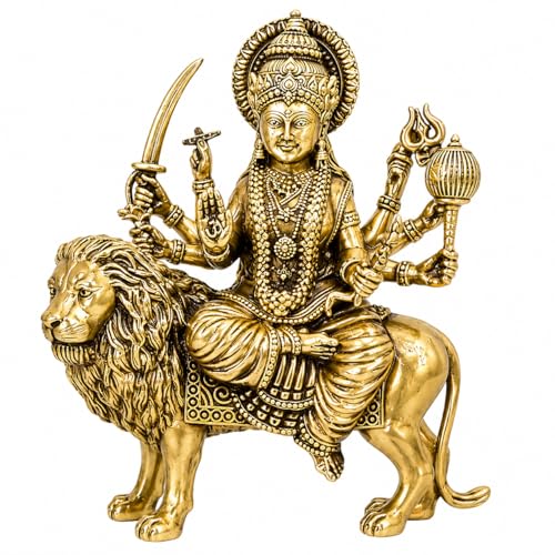 Brass Sherawali Vaishno devi Ma Durga Statue with Lion Mount Height 4" inch (Approx.) , Antique Gold Finish, Religious Hindu Idol for home temple mandir pooja room or home decor , navratri durga pooja