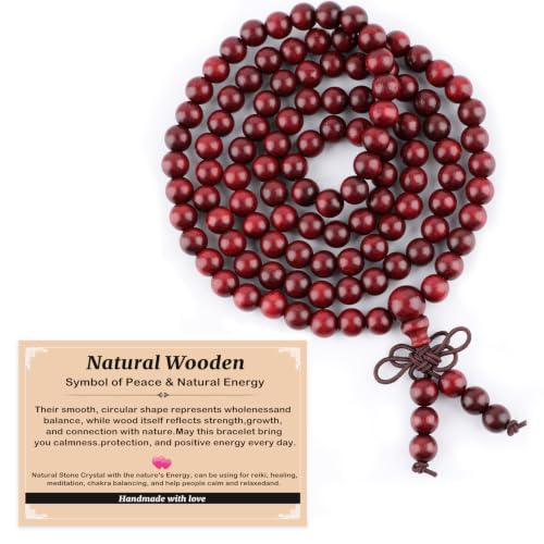 AD Beads 6mm 8mm 108 Prayer Mala Jasper Elastic Bracelet - Handmade Yoga Meditation Healing Power Energy Gifts for Unisex Adult. - color: Blood Sandal wood(True Self)