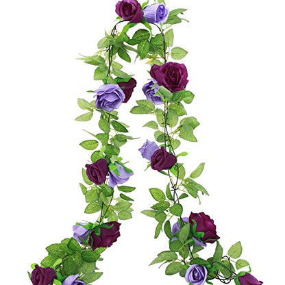 GREENTIME 2Pack Mixed Purple Flower Garland Each 6.5FT Fake Rose Garland - color: Light Dark Purple