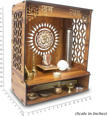 Wooden Hindu Pooja Mandir Temple with Om Sun Backpanel, Shubh Labh Carvings, Lattice Side Panels, and Storage Shelf