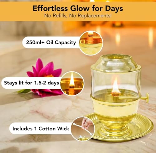 Pure Brass Akhand Jyot Diya with Glass Cover and Attached Plate – 48-Hour Long Burning Oil Lamp for Puja, Aarti, Temple, Meditation – 250ml Capacity, Adjustable Wick, Gold Finish Mandir Decor - Medium - size: Medium With Plate