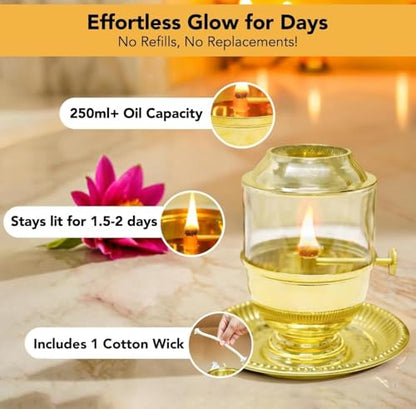 Pure Brass Akhand Jyot Diya with Glass Cover and Attached Plate – 48-Hour Long Burning Oil Lamp for Puja, Aarti, Temple, Meditation – 250ml Capacity, Adjustable Wick, Gold Finish Mandir Decor - Medium - size: Medium With Plate