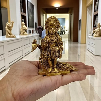 3.5 Inch Brass Lord Kartikeya Idol with Peacock – Standing Hindu God Statue for Home Temple, Pooja, Altar, Shelf, Decorative Figurine, Spiritual Gift for Devotees