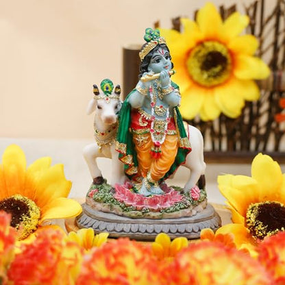 alikiki Hindu Idol Lord Krishna Statue- 3.7”H Handmade Standing Krishna Murti Playing Flute with Cow for Home Office Mandir Temple Altar Shrine Pooja Item Diwali Puja Gifts