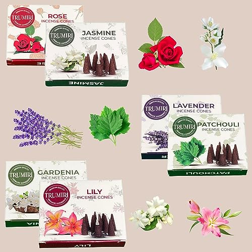 Trumiri Floral Incense Cones - Variety Pack - Total 60 Cone Incense (6 Scents x 10 Conos) - Rose, Lavender, Jasmin, Patchouli, Gardenia, Lily - Cone Incense Scents - Insense Cones - Incent Cone - color: Floral