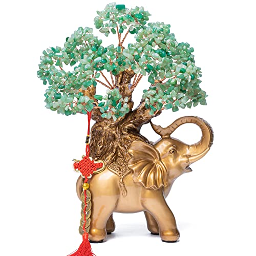 Green Aventurine Crystal Money Tree on Gold Elephant Statue, 17”Large Gemstone Bonsai Tree of Life Home Décor Gifts for Wealth Positive Energy, Feng Shui Décor - color: Aventurine, size: 17 inches Tall