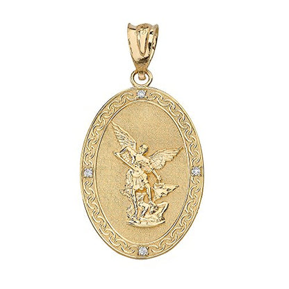14k Yellow Gold Saint Michael The Archangel Diamond Oval Medal Pendant (1")