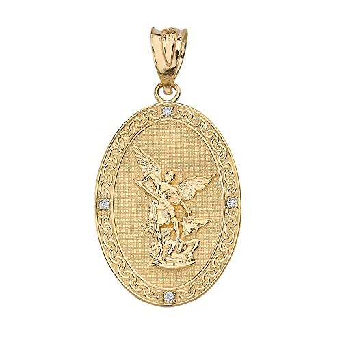 14k Yellow Gold Saint Michael The Archangel Diamond Oval Medal Pendant (1")