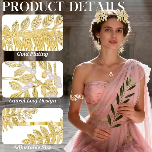 NICEIGHT 7Pcs Greek Goddess Costume Accessories for Women Gold Greek Leaf Crown Upper Arm Cuff Artificial Leaf Drop Earrings Necklace Golden Laurel Leaf Bridal Hair Comb for Wedding Cosplay Party - color: Gold-B