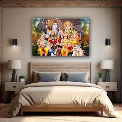 Shiva Family Canvas Wall Art Hindu Deity Poster (Framed,28x40 inch) - size: 28x40 inch