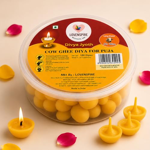 LOVENSPIRE Pure Cow Ghee Wicks for Pooja Diya (100 Pcs) Wax-Free Desi Ghee Batti, Up to 35 Min Long Burning, Ready-to-Use Cotton Jyot for Home Mandir, Indian Puja Rituals, Diwali Decor & Return Gifts - size: 100 Pcs
