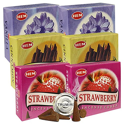 Vanilla Cinnamon Strawberry Incense Cones & Holder Bundle Variety Pack from Hem Trumiri Insense Insence - color: Vanilla & Cinnamon & Strawberry