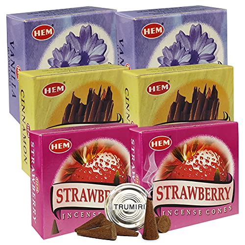 Vanilla Cinnamon Strawberry Incense Cones & Holder Bundle Variety Pack from Hem Trumiri Insense Insence - color: Vanilla & Cinnamon & Strawberry