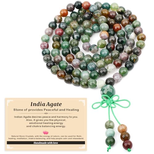 AD Beads 6mm 8mm 108 Prayer Mala Jasper Elastic Bracelet - Handmade Yoga Meditation Healing Power Energy Gifts for Unisex Adult. - color: India Agate(Peaceful)
