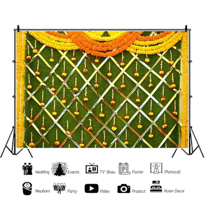 7x5ft India Pooja Photography Backdrop Yellow Flower Green Flower Wall Hindu Photography Background Indian Wedding Puja Ganpati Pooja Traditional Mehndi Festival for Kids Adult Studio Video - size: 7x5ft