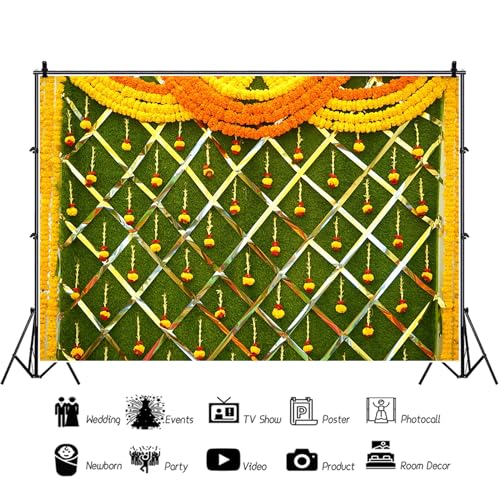12x10ft India Pooja Photography Backdrop Yellow Flower Green Flower Wall Hindu Photography Background Indian Wedding Puja Ganpati Pooja Traditional Mehndi Festival for Kids Adult Studio Video - size: 12x10ft