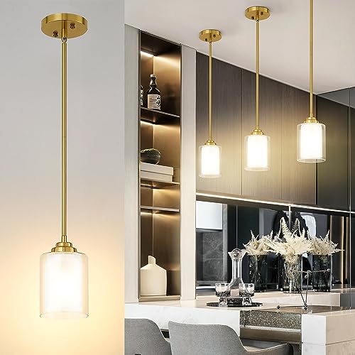 TENGXIN Brushed Gold Pendant Lights Kitchen Island, Dual Glass Shade - color: Brushed Gold, Dual Glass, size: 4"