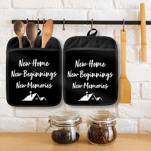 New Home Gifts Pot Holders with Pockets, Housewarming Gifts for Women Men, New Home Beginnings Memories Oven Pot Holders Heat Resistant Oven Mitts Hot Pads for Kitchen Baking Cooking - color: Black Sweet Home-b