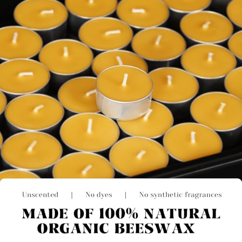 Natural Beeswax Tealight Candles in Metal Aluminum Cup, Yellow, Pack of 24