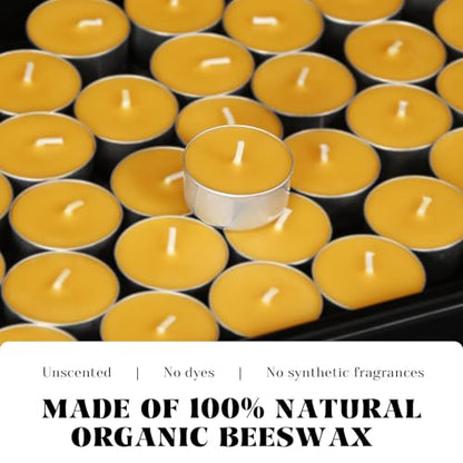 Natural Beeswax Tealight Candles in Metal Aluminum Cup, Yellow, Pack of 24