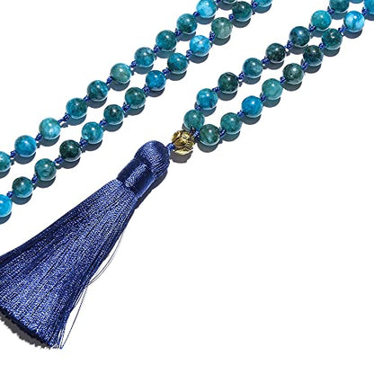 108 Mala Prayer Beads Necklace Natural Stones Meditation Yoga Jewery 108 Hand Knotted Japa Mala Beaded Long Tassel Necklace with Tree of Life Pendant for Men and Women - color: 8mm apatite