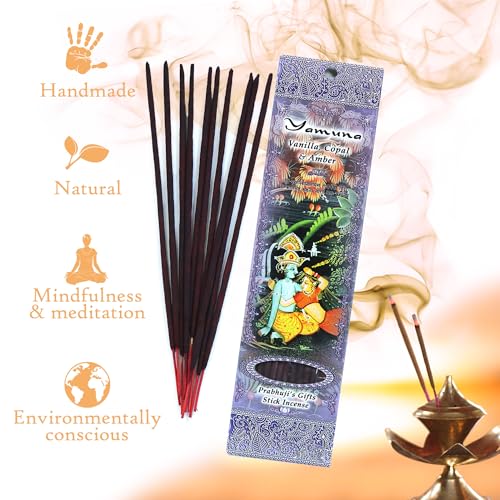 Prabhuji's Gifts Yamuna Hand-Rolled Spiritual Incense Sticks from India - Aromatic Sticks - Stick Incense for Meditation - Yoga, Relaxation, & Aromatherapy Incense - Vanilla, Copal, and Amber