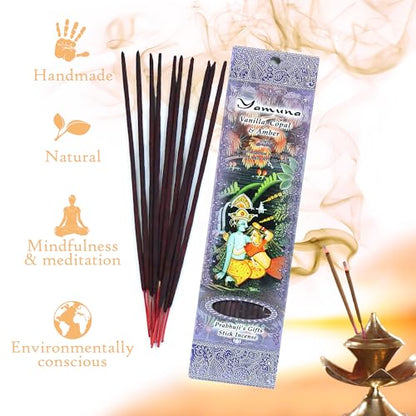 Prabhuji's Gifts Yamuna Hand-Rolled Spiritual Incense Sticks from India - Aromatic Sticks - Stick Incense for Meditation - Yoga, Relaxation, & Aromatherapy Incense - Vanilla, Copal, and Amber