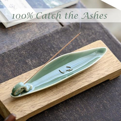 9" Length Incense Stick Holder with 3 Holes, White Porcelain Incense Tray Ash Cather for Spa, Meditation Room, Yoga, Home, Office (Green) - color: Green