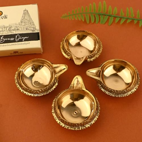 SATVIK Set of 4 - Pure Brass Kuber Diya for Diwali Decoration | Traditional Puja Oil Lamp for Home Temple | Brass Diya for Diwali Pooja & Festive Use - style: SET OF 4