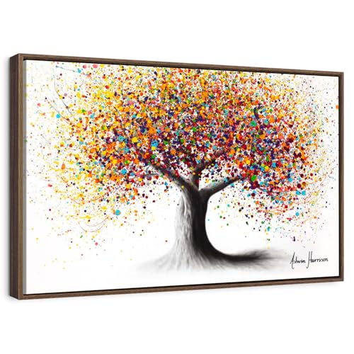ElephantStock - Rainbow Soul Tree Wall Art - Horizontal Floating Framed Canvas - Living Room Wall Decor - Painting Trees Framed Canvas Art - White And Orange Decor by Ashvin Harrison - 25" x 17" - color: Floating Frame Walnut, size: 24"L x 16"W