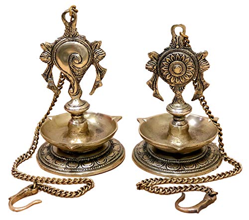 StonKraft - Pair of Brass Hanging Diya, Oil Lamp, Lamp for Home and Office (Hanging Length 25.75")